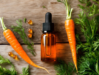 A flat lay composition featuring a bottle of carrot seed oil, fresh carrots with green tops, and carrot seeds on a rustic wooden surface, highlighting natural skincare and the essence of carrots