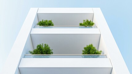 Minimal green corporate structure with large open-air balconies and sustainable irrigation visible in planters