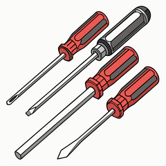 Isometric Illustration Of Flat Head Screwdrivers With Red And Black Handles
