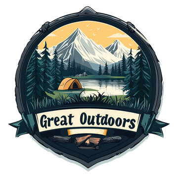 Camping Adventure Emblem with Nature Icons &ndash; Vintage Wilderness Badge Featuring Hiking, Survival Elements, Mountains, Trees, and Outdoor Gear Design for Scouts and Explorers