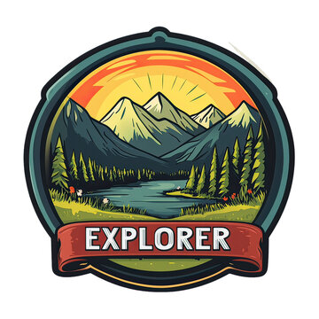 Camping Adventure Emblem with Nature Icons &ndash; Vintage Wilderness Badge Featuring Hiking, Survival Elements, Mountains, Trees, and Outdoor Gear Design for Scouts and Explorers