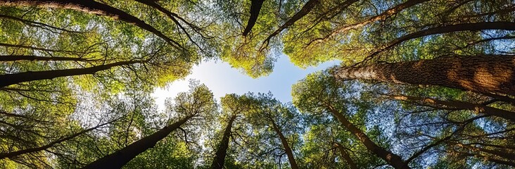Fototapeta premium Upward forest canopy view. Sunlight filters through dense foliage, symbolizing nature's vitality. Applications include environmental campaigns, photography exhibitions, or wellness content. 