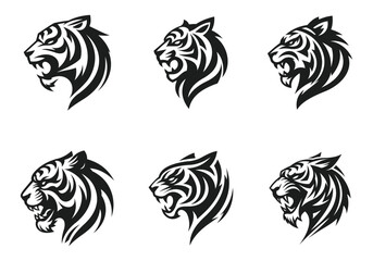 A tiger head logo and tattoo on a white background that is completely silhouetted. Wild animal.