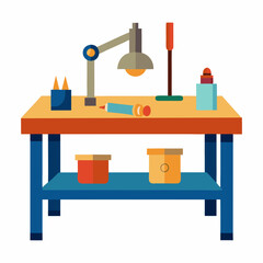 Craft Table With Supplies And Lamp Illustration For Creative Projects