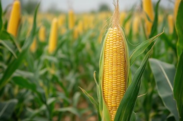 Close-Up of Vibrant Yellow Corn Cob Surrounded by Lush Green Corn Plants in a Sunny Agricultural Field During the Growing Season