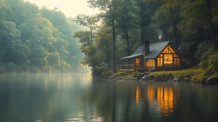Obraz premium Cozy Lakeside Cabin Retreat In Misty Forest Tranquil Water Reflection Photo
