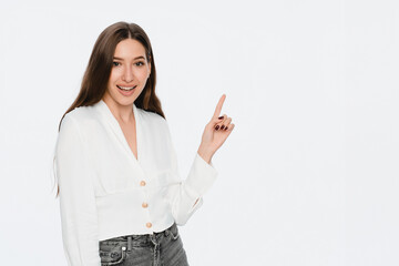 Photo of pretty sales manager young woman lady self-confident person indicating finger empty space...