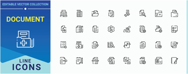 Document icon. Contain linear sign text, data, page, file, paper, list, form. Document And Files icon collection. Vector outline icons collection. Vector collections.