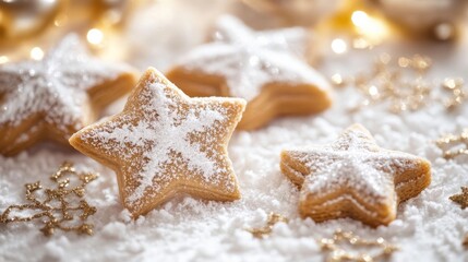 Sweet Star-Shaped Cookies Dusting with Powdered Sugar on Table