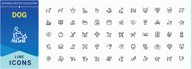 Dog line icon set. Contains such symbols as animals, pets, pet, puppy, domestic and more. UI icons set in a thin style. Domestic icon set. Vector illustration.