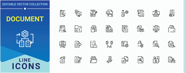 Document icon. Contain linear sign text, data, page, file, paper, list, form. Document And Files icon collection. Vector outline icons collection. Vector collections.