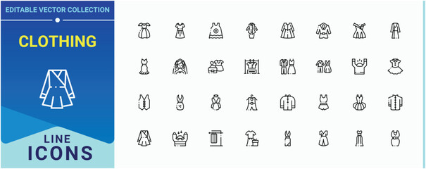 Clothing icon set. Pack of cloth, clothes, fashion, textile, garment, suit, shirt and more. Dress icon collection. Minimal icons collection. Editable vector art.