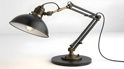 A black industrial-style desk lamp with antique brass hardware