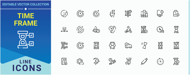 Time Frame modern icon set. Pack of day, sandglass, time, timer, hour, watch, countdown and more. Duration vector line icon set. Vector artwork and illustration.