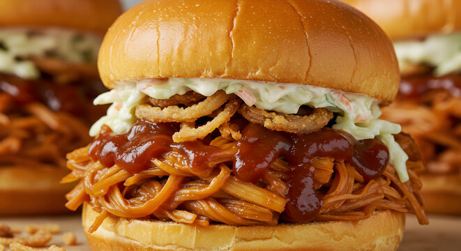Delicious Pulled Pork Sandwiches Topped with Creamy Coleslaw And Crispy Onion Rings