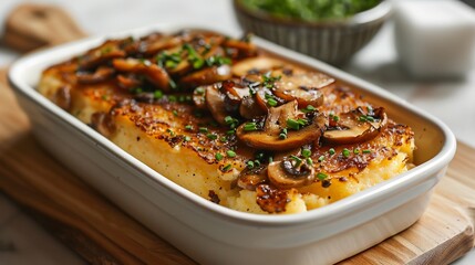 Creamy vegan polenta sauted mushrooms plated on a white ceramic dish minimalist setup