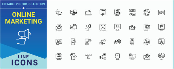 Online Marketing icon set. Includes symbols for digital, social, advertising, web, business. Digital Marketing icon set in linear style. Icons for UI designs. Editable stroke vector art.