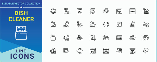 Dish Cleaner icon set. Includes symbols for wash, house, service, washing, hygiene, dish, bath and more. Dishwasher icon set. Modern thin line style icons. Editable stroke vector art.