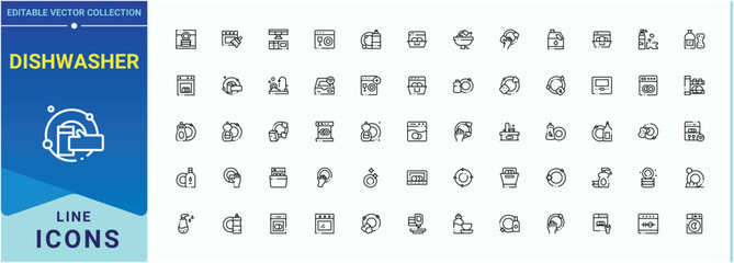 Dishwasher icon set in linear style. Includes thin line symbols utensil, wash, service, clean, cleaning. Minimalist linear icons. Clean icon set in linear style. Editable vector stroke.