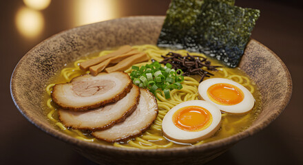 Delicious Ramen Noodle Soup With Pork and Eggs Traditional Japanese Dish