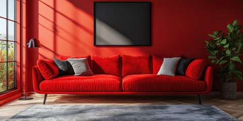 Red sofa in a modern living room with sunlight casting shadows on the wall, plant, and gray rug