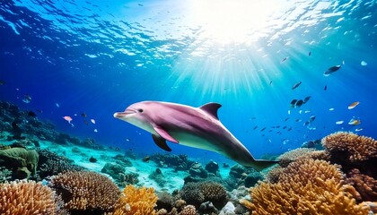 Fototapeta premium A majestic pink dolphin underwater, surrounded by swirling currents and rays of sunlight, in a cinematic underwater photography style 