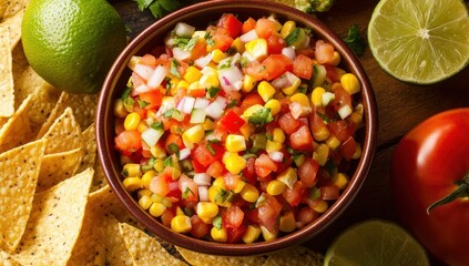 Colorful Corn Salsa with Fresh Tomatoes, Onions, Cilantro, and Lime Served with Crispy Tortilla Chips on a Rustic Wooden Table