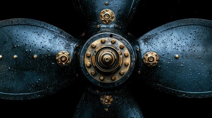 Close-up of a vintage propeller hub.  Dark, metallic blades with water droplets. Detailed view of rivets and nuts