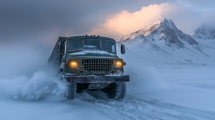 Military truck navigating snowy mountain pass at dawn