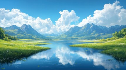 Fototapeta premium Serene Mountain Landscape with Lush Greenery and Reflective Lake Under Clear Blue Sky
