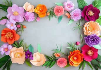 Fototapeta premium Handmade Floral Frame. Vibrant paper blooms symbolize joyful creativity. Applications: DIY craft tutorials, festive invitations, or cultural branding. 