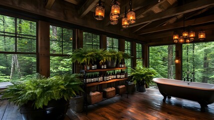 Fototapeta premium Rustic bathroom retreat with clawfoot tub in lush forest setting