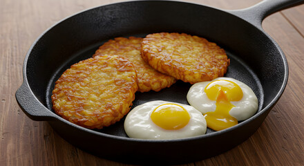 Rustic Breakfast Skillet: Fried Eggs and Golden Hash Browns Freshly Cooked