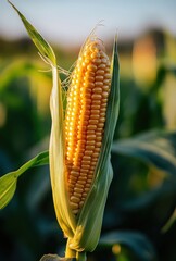 Close-Up of Fresh Corn Cob on the Plant Surrounded by Green Leaves Under Soft Natural Light in an Agricultural Field