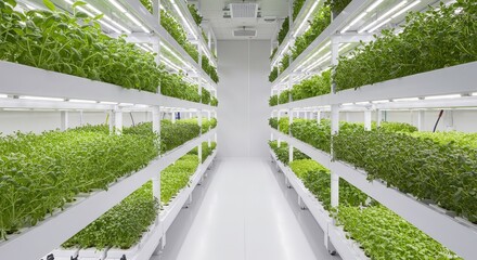 Interior of vertical farm. Growing fresh herbs and vegetable on racks under artificial light in hydroponics system . Modern agriculture, sustainable food production.