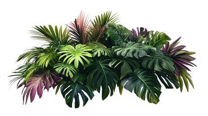 Tropical Jungle Ambiance. Monstera, ferns, and blooms create exotic decor. Applications: interior design catalogs, vacation ads, or biophilic branding. 