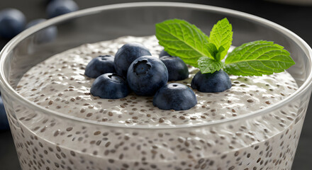 Chia Pudding Adorned With Fresh Blueberries And Sprig Of Mint
