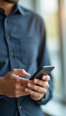 A focused man in a navy blue shirt is intently using his smartphone, showcasing a moment of modern connectivity. The soft natural light filtering through the window adds a warm ambiance, highlighting