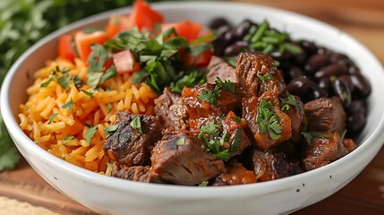 Cuban congri rice black beans plated in a white bowl with garnish clean and minimal