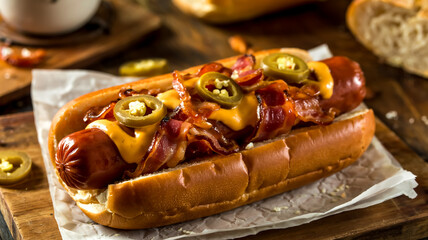 A grilled hot dog wrapped in crispy bacon, loaded with caramelized onions, jalapeños, mustard, and melted cheese in a toasted bun