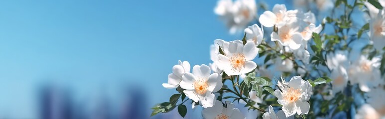 Fototapeta premium Celestial Floral Simplicity. White blossoms with yellow centers contrast with azure sky. Used in spring calendars, photography portfolios, or wellness blogs.