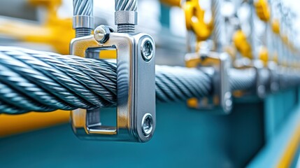 Close-up of metal cable clamps.  High-quality industrial cable secured with precision-engineered clamps