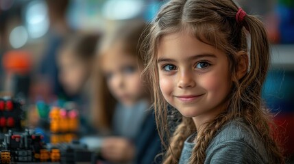 Adorable Girl with Braids Smiles During Robotics Class in School