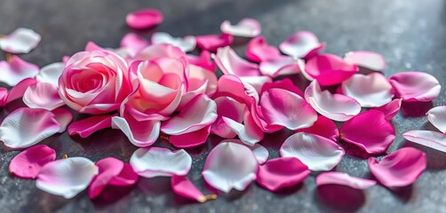 Obraz premium Delicate white and pink rose petals scattered on a surface, pink petals, strewn