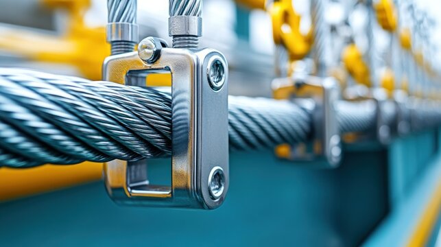Close-up of metal cable clamps.  High-quality industrial cable secured with precision-engineered clamps