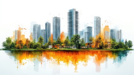Obraz premium Vibrant city skyline with modern skyscrapers and lush greenery reflected in a serene lake