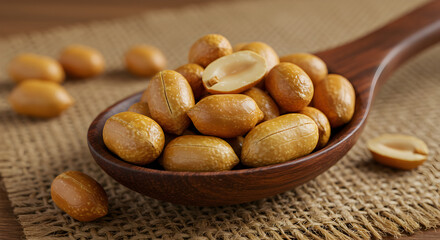 Obraz premium Roasted Peanuts In a Wooden Spoon On Burlap Sack Ready To Eat