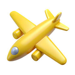 3D yellow cartoon airplane icon, perfect for travel, transport, and aviation-related visualizations. Isolated on transparent background