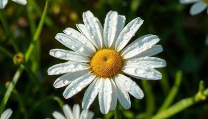 Fototapeta premium Dew-kissed daisy petals, vibrant white, glistening drops, dew, plant