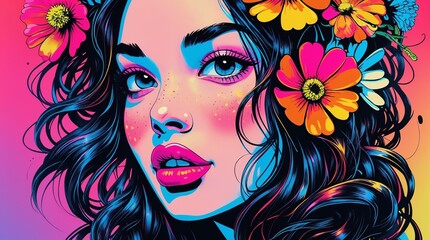 Obraz premium Beautiful girl with flowers in her hair, spring mood, portrait, colorful background